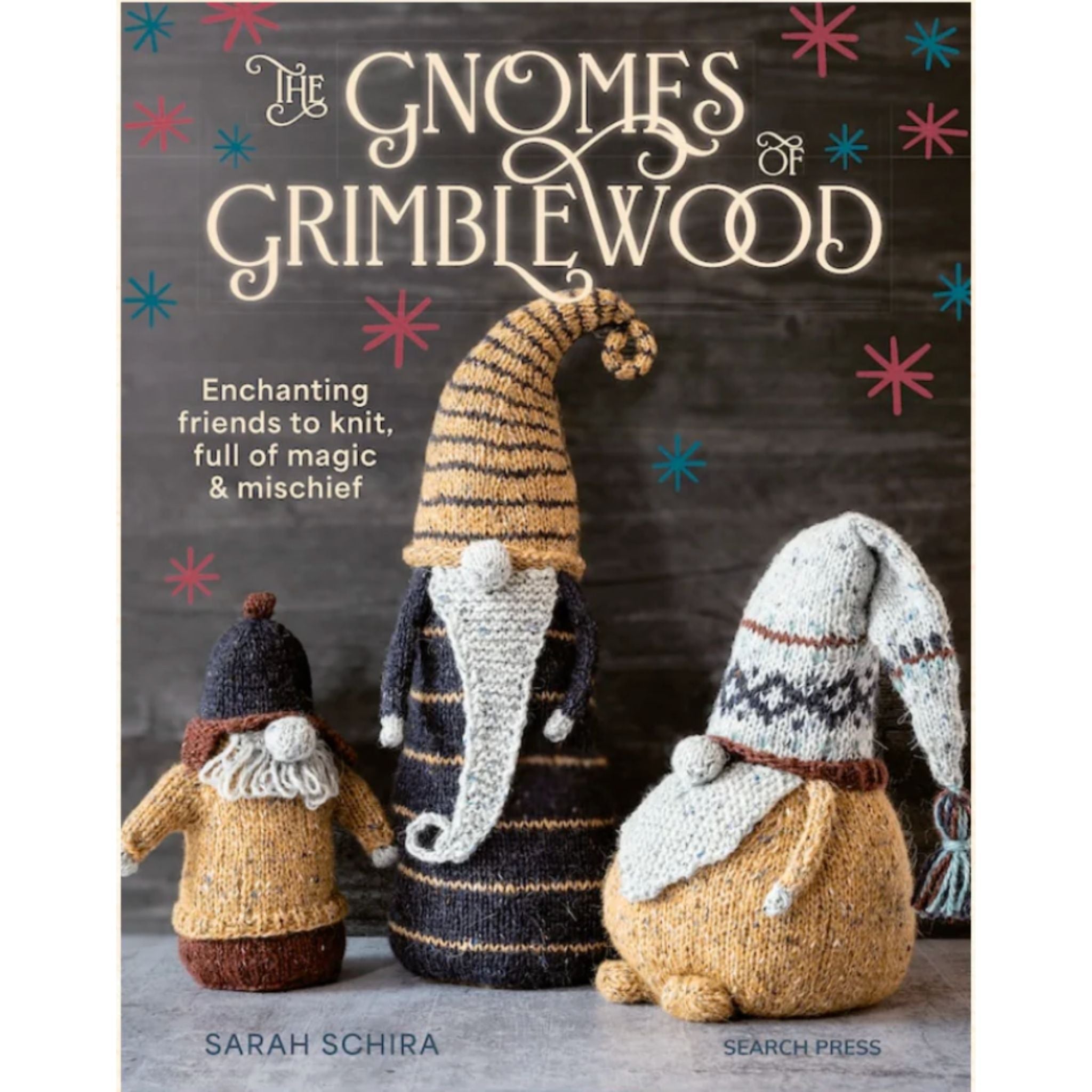 Book cover of 'The Gnomes of Grimblewood' with knitted gnomes on a wooden background.