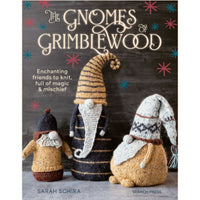 Book cover of 'The Gnomes of Grimblewood' with knitted gnomes on a wooden background.